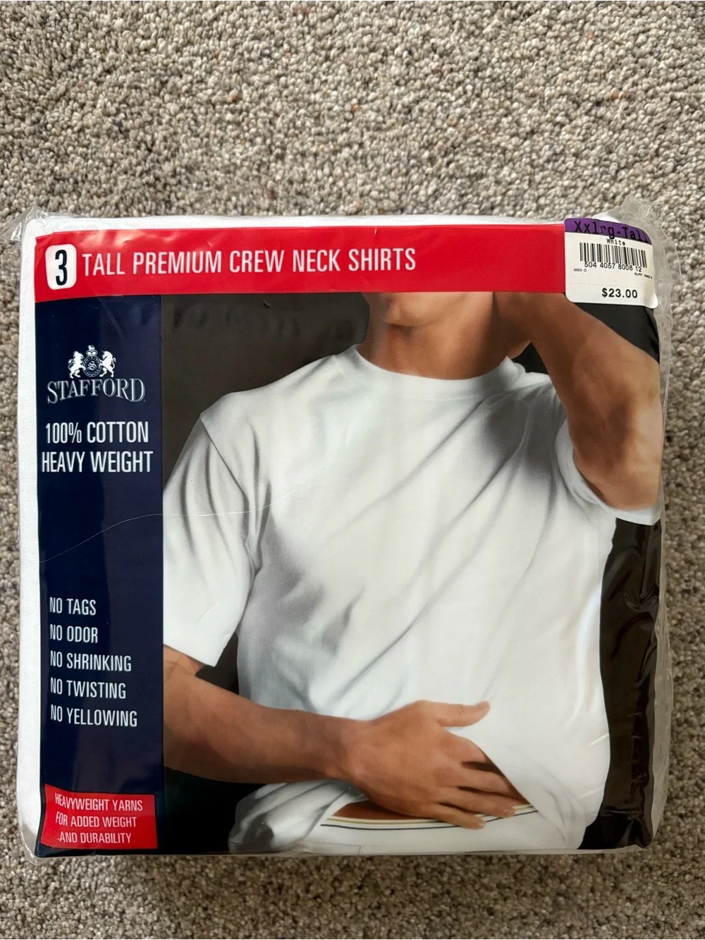 Stafford Mens XXL TALL White Crew Neck T-Shirts 3 Pack Heavyweight Cotton NEW